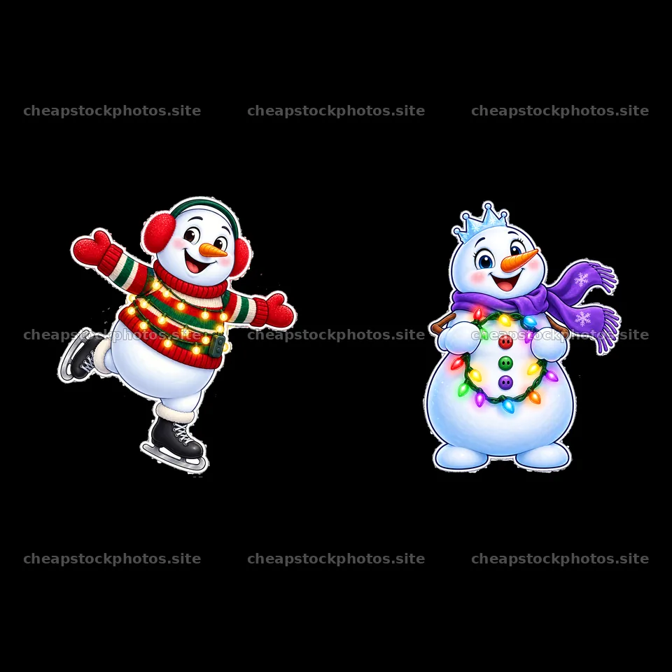 Snowman characters with string lights and winter accessories – stock photos 7746x7746