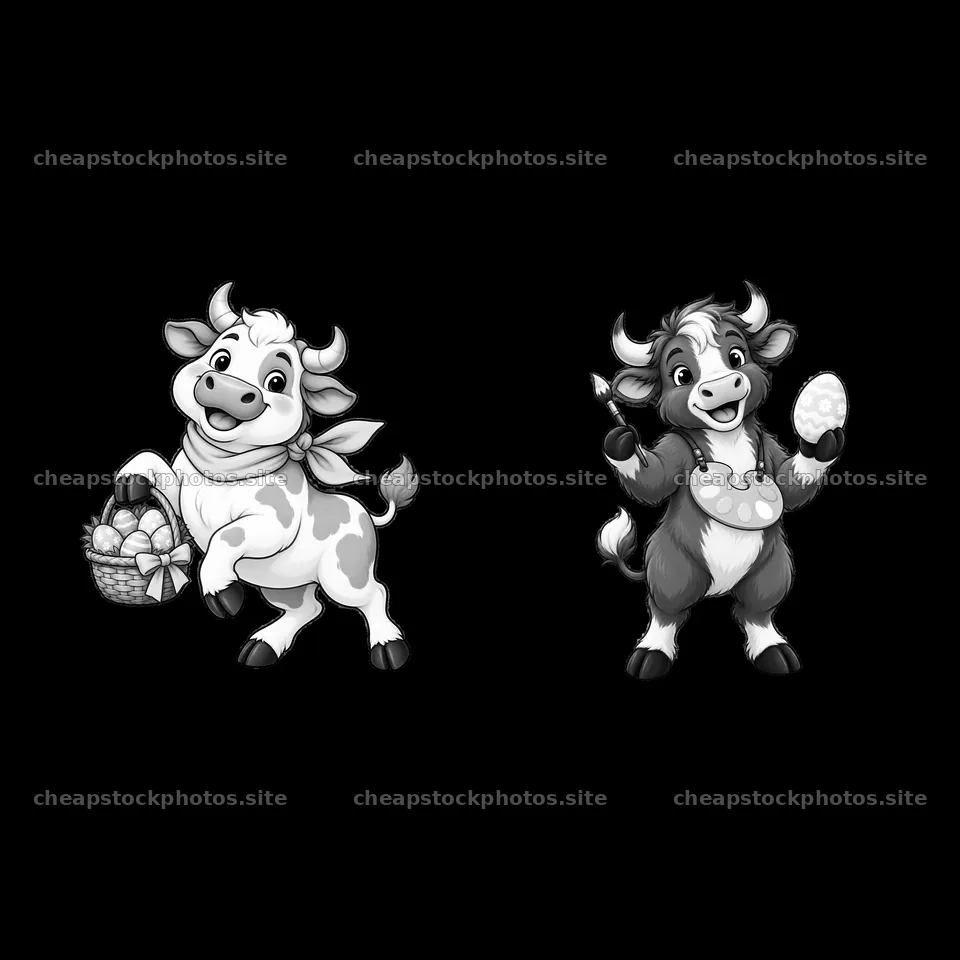 Easter ox cartoon stickers with basket and egg decorating – stock photos 7746x7746