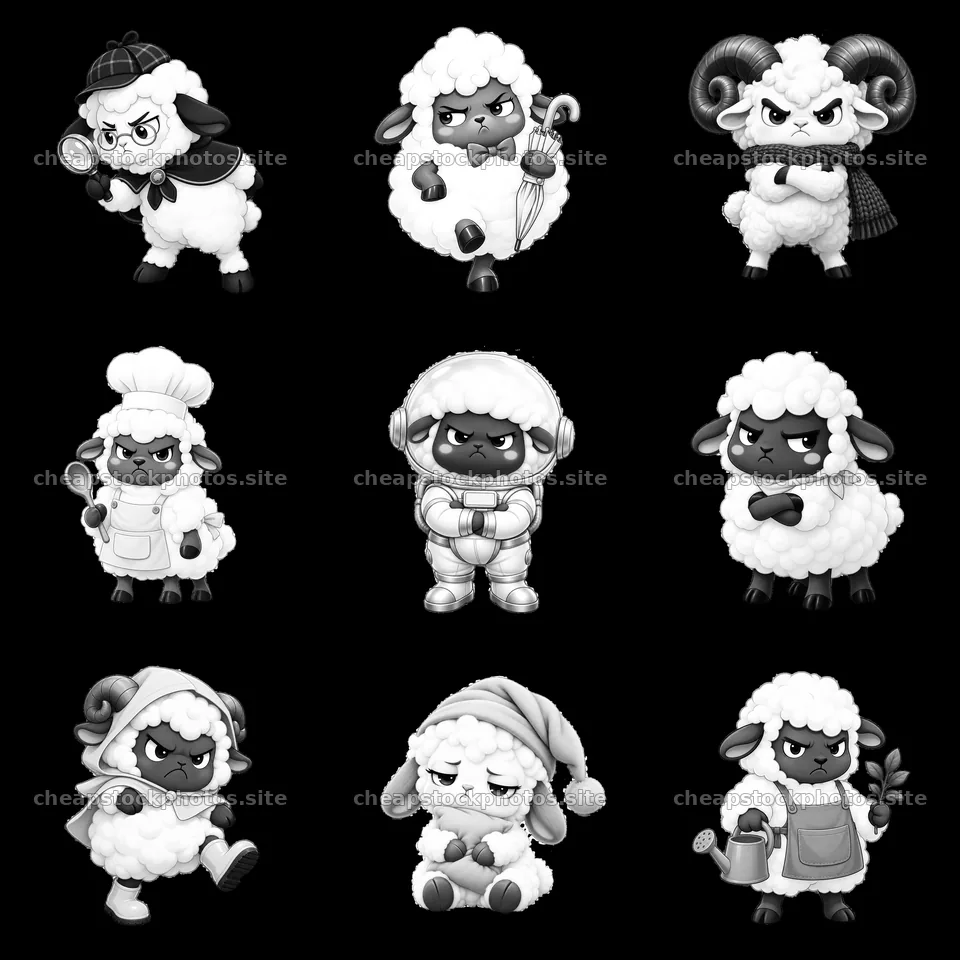 Kawaii grumpy sheep characters with various expressions and outfits – stock photos 7746x7746