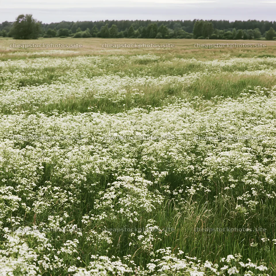 Cow parsley meadow in a field under cloudy sky – stock photos 7938x7938