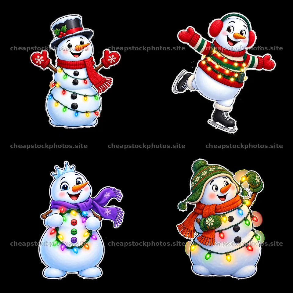 Snowman characters with string lights in festive poses – stock photos 7746x7746