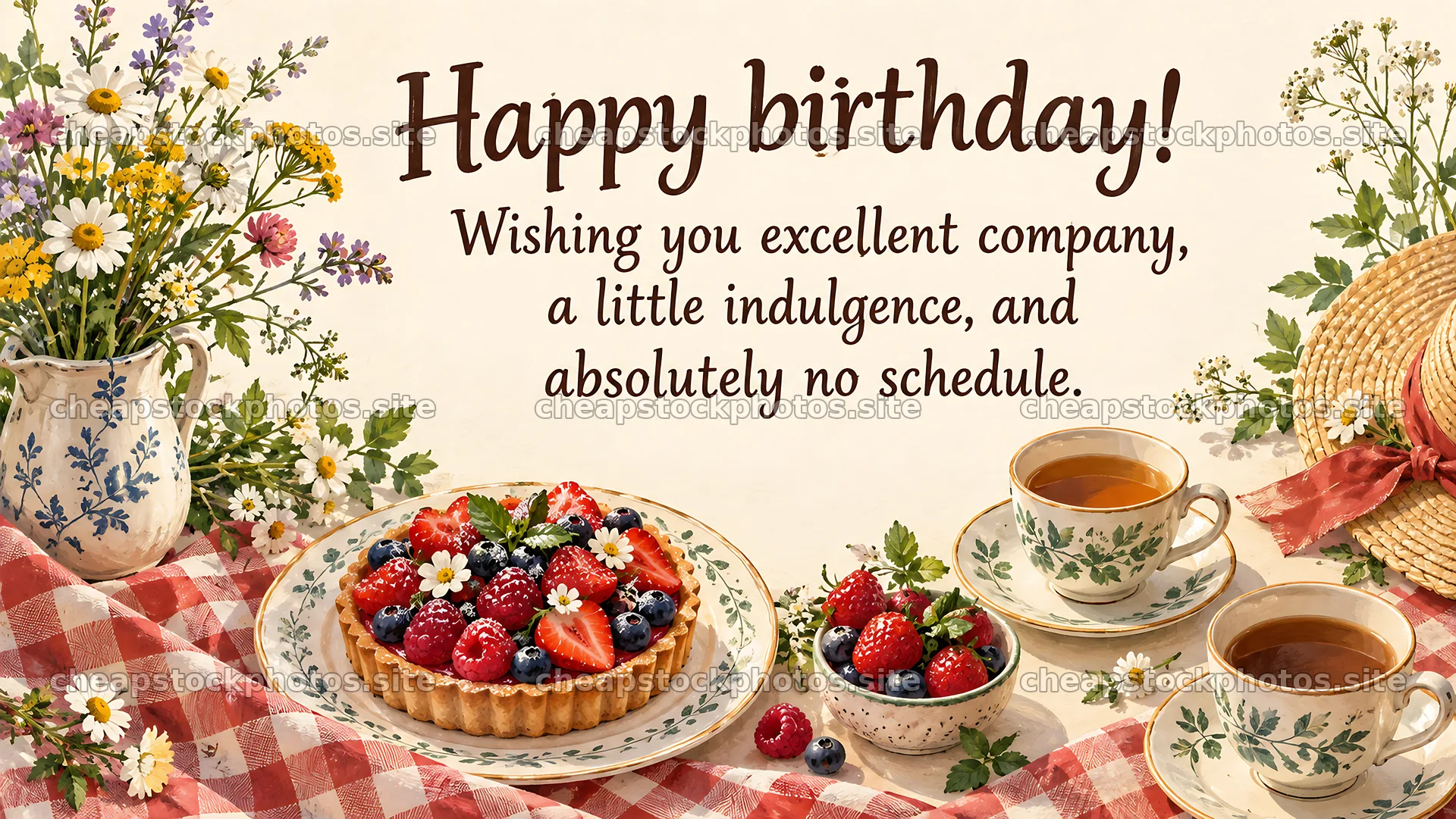 Birthday Tea with Berry Tart and Wildflowers – stock photos 10324x5812