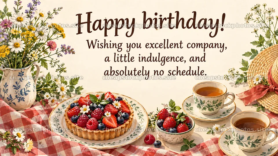 Birthday Tea with Berry Tart and Wildflowers – stock photos 10324x5812