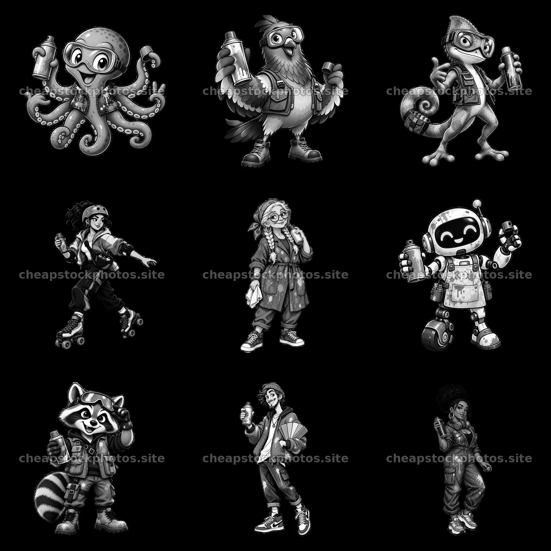 Cartoon characters spraying graffiti in black-and-white style – stock photos 7746x7746