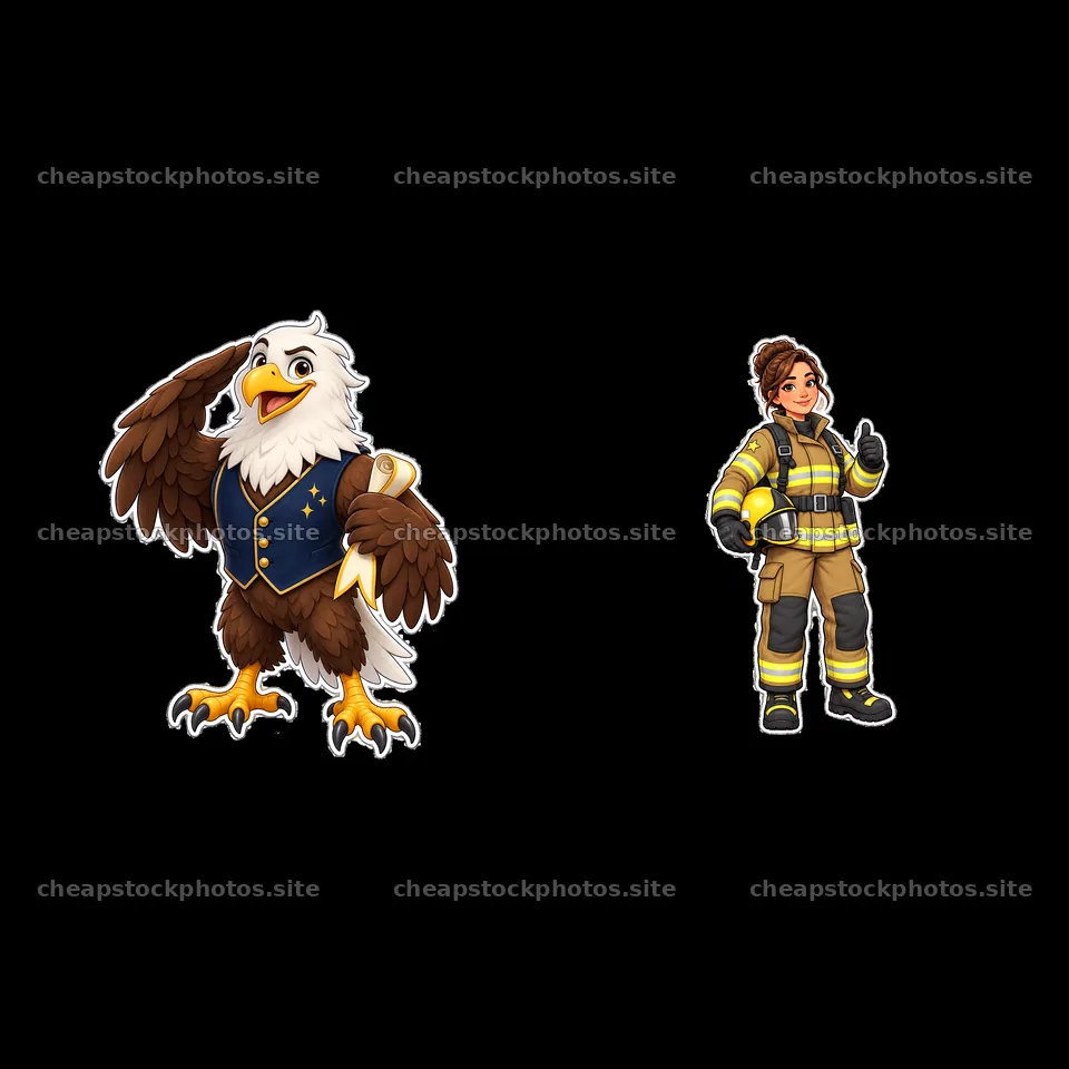 Eagle mascot in uniform and firefighter girl giving thumbs up – stock photos 7746x7746