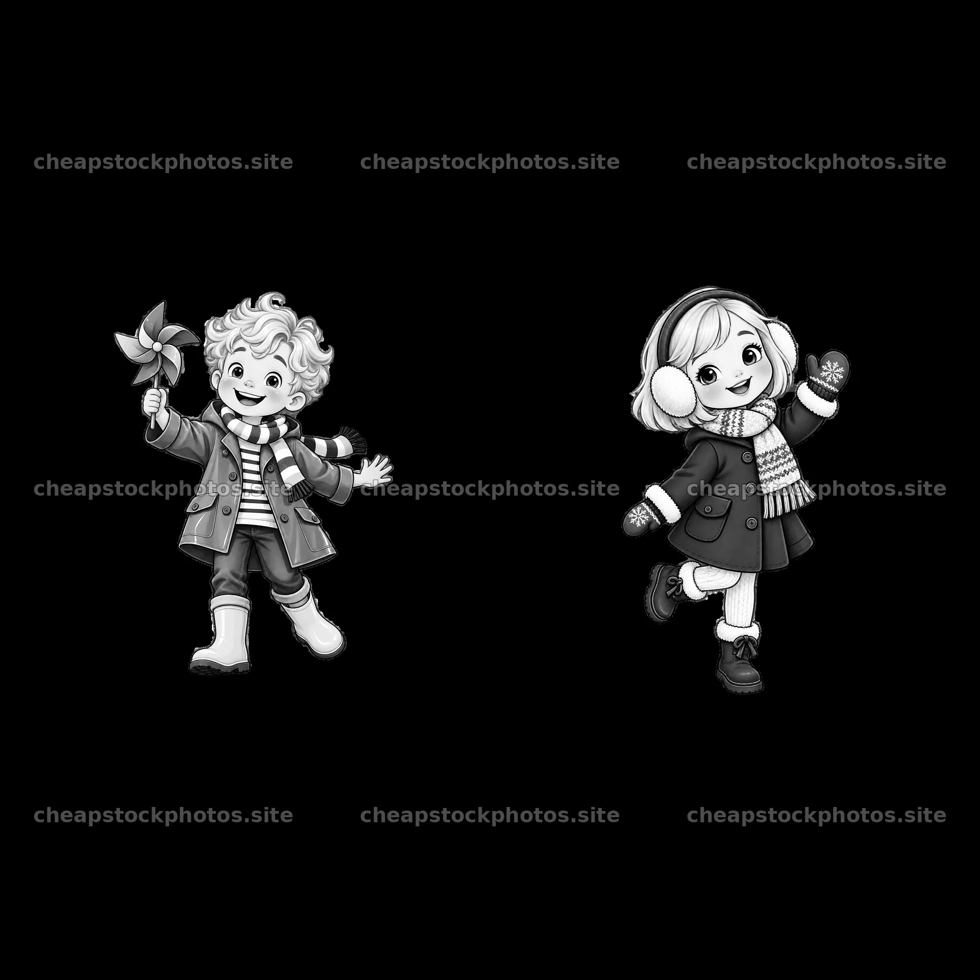 Blond child with pinwheel and child in earmuffs holding glove – stock photos 7746x7746