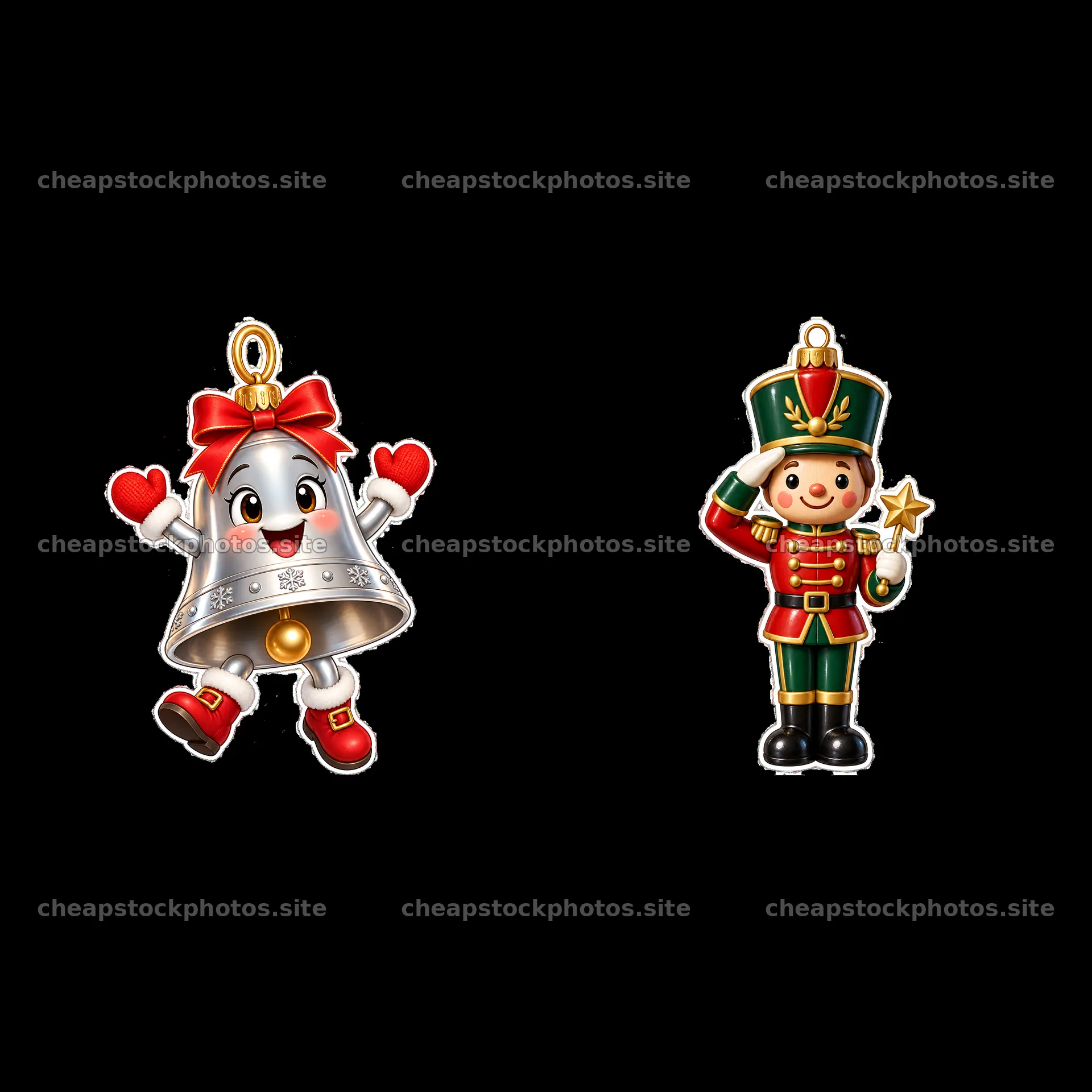 Christmas bell and nutcracker ornament sticker set – stock photos 7746x7746