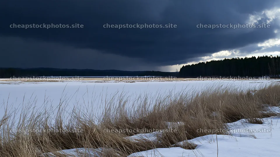 Snowbound meadow with dark clouds overhead – stock photos 10608x5938