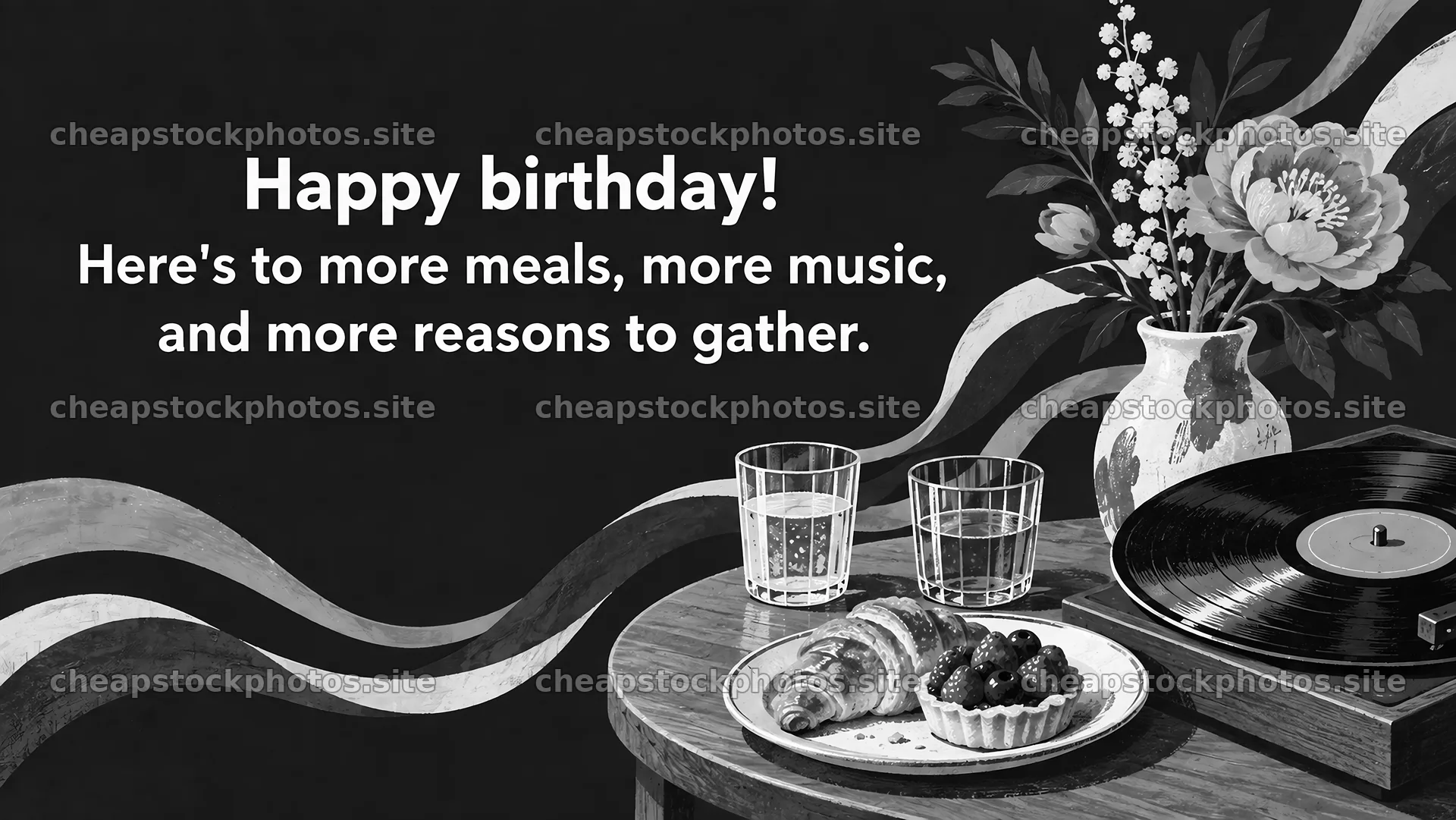 Monochrome Birthday Gathering Greeting Card – stock photos 10324x5812