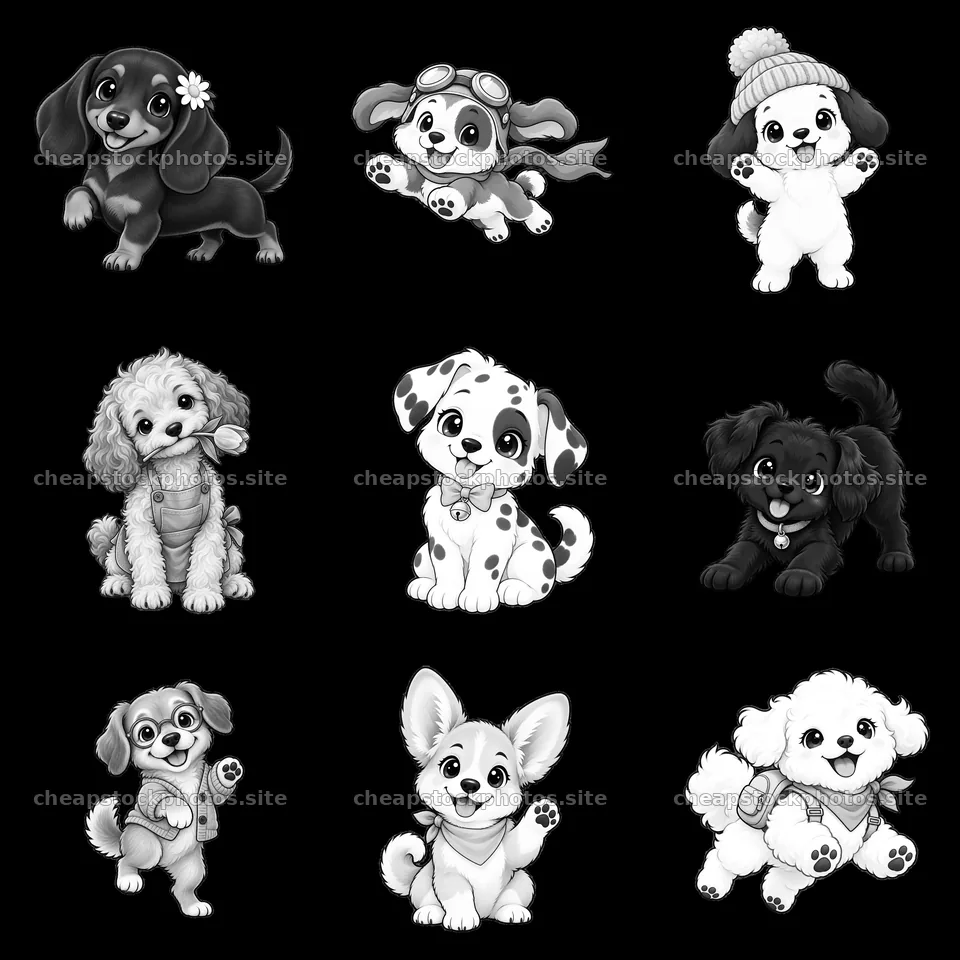 Cute dog stickers in a 3x3 arrangement with various breeds – stock photos 7746x7746