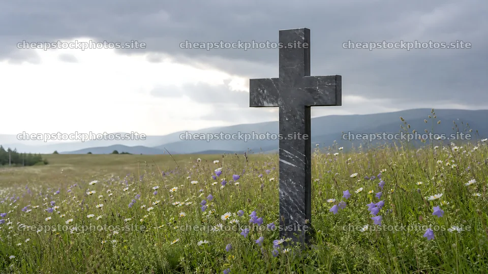 Christian cross in meadow with wildflowers under cloudy sky – stock photos 10584x5952