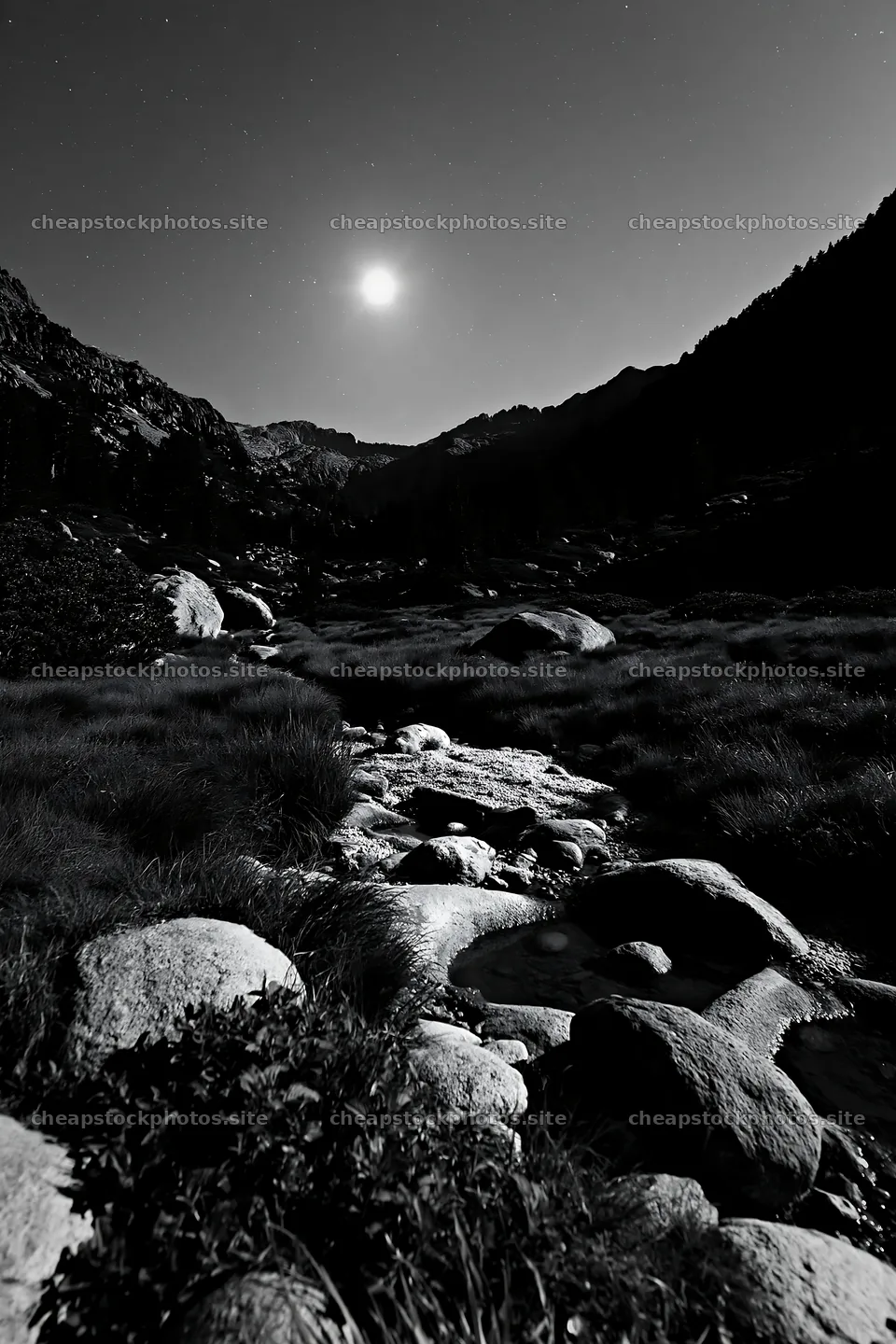 Moonlit meadow with rocks and stream at night – stock photos 6480x9722
