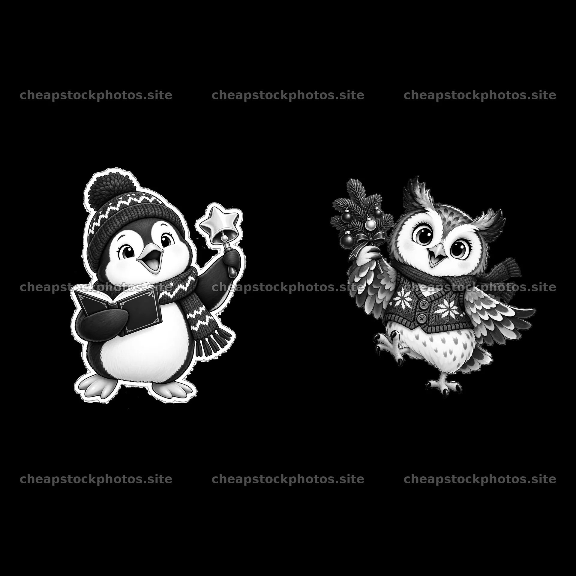 Penguin holds a bell while owl carries a Christmas tree branch – stock photos 7746x7746