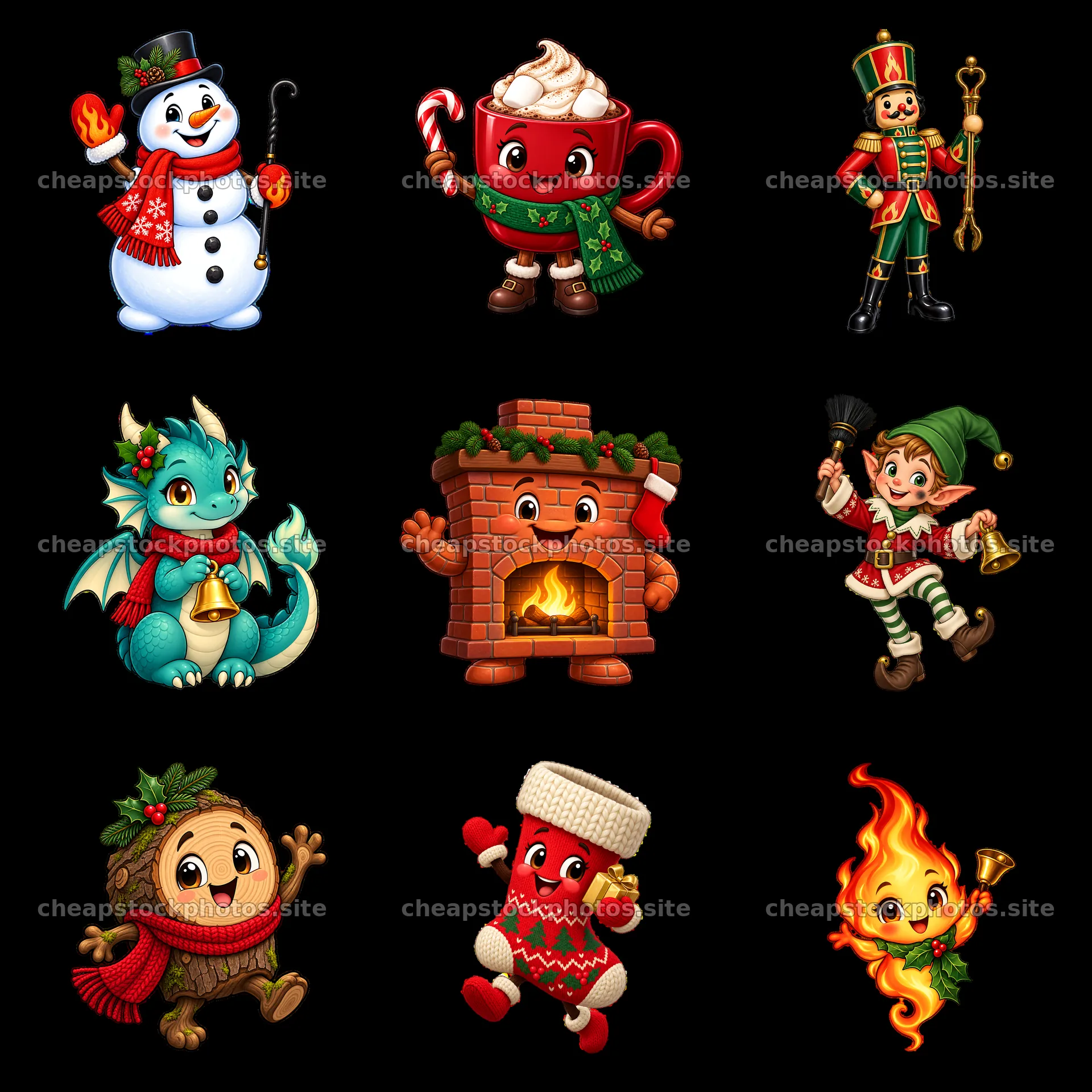 Christmas themed cartoon stickers with fireplace and characters – stock photos 7746x7746