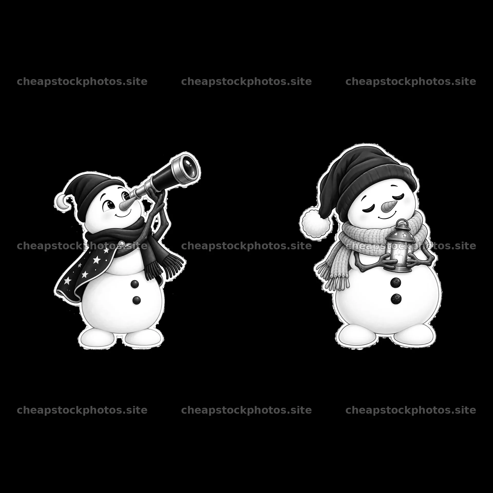 Snowman with telescope and snowman holding lantern in pair – stock photos 7746x7746