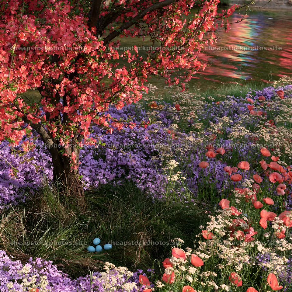 Easter tree with blue eggs in flower meadow – stock photos 7938x7938