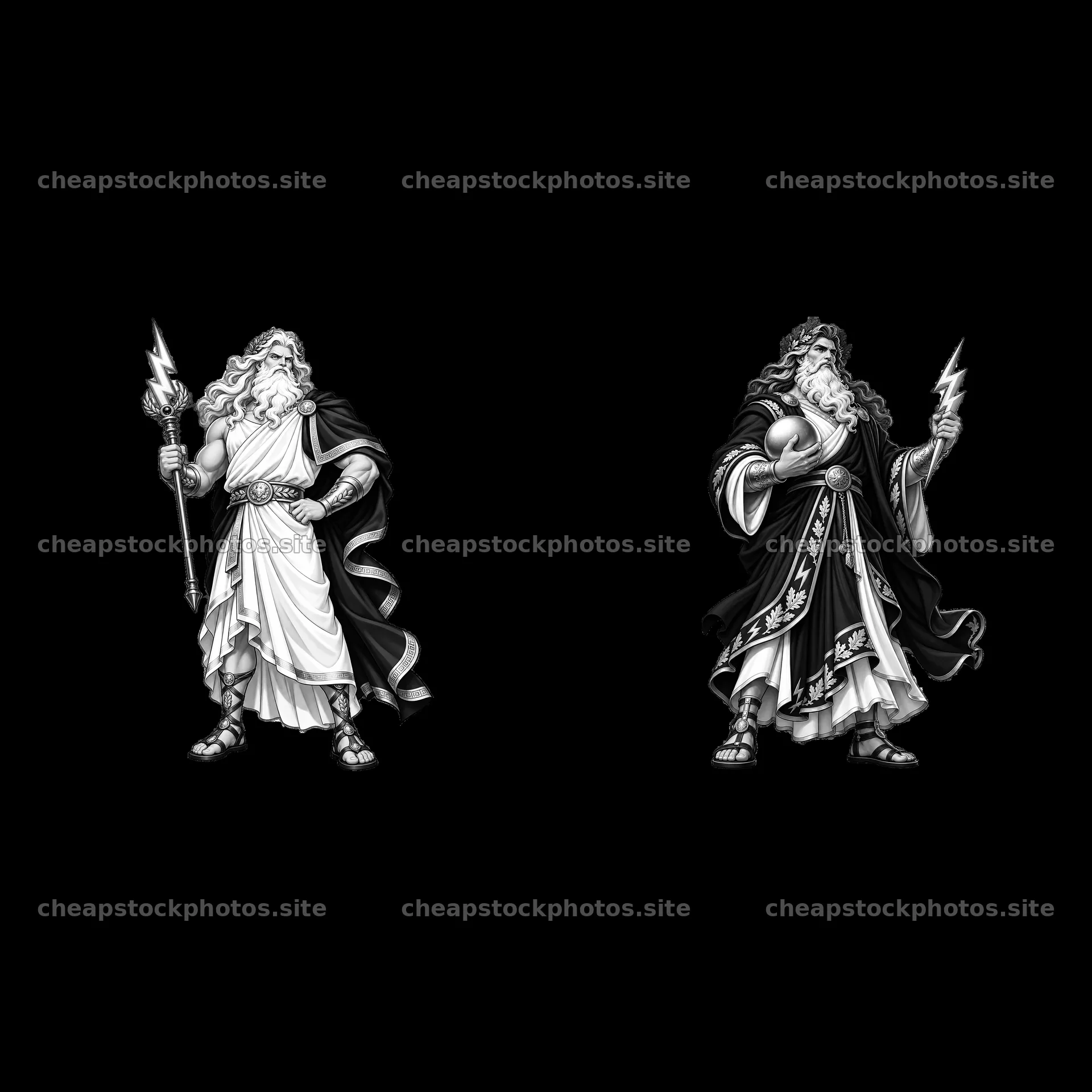 Zeus figures in black and white holding lightning bolts – stock photos 7746x7746