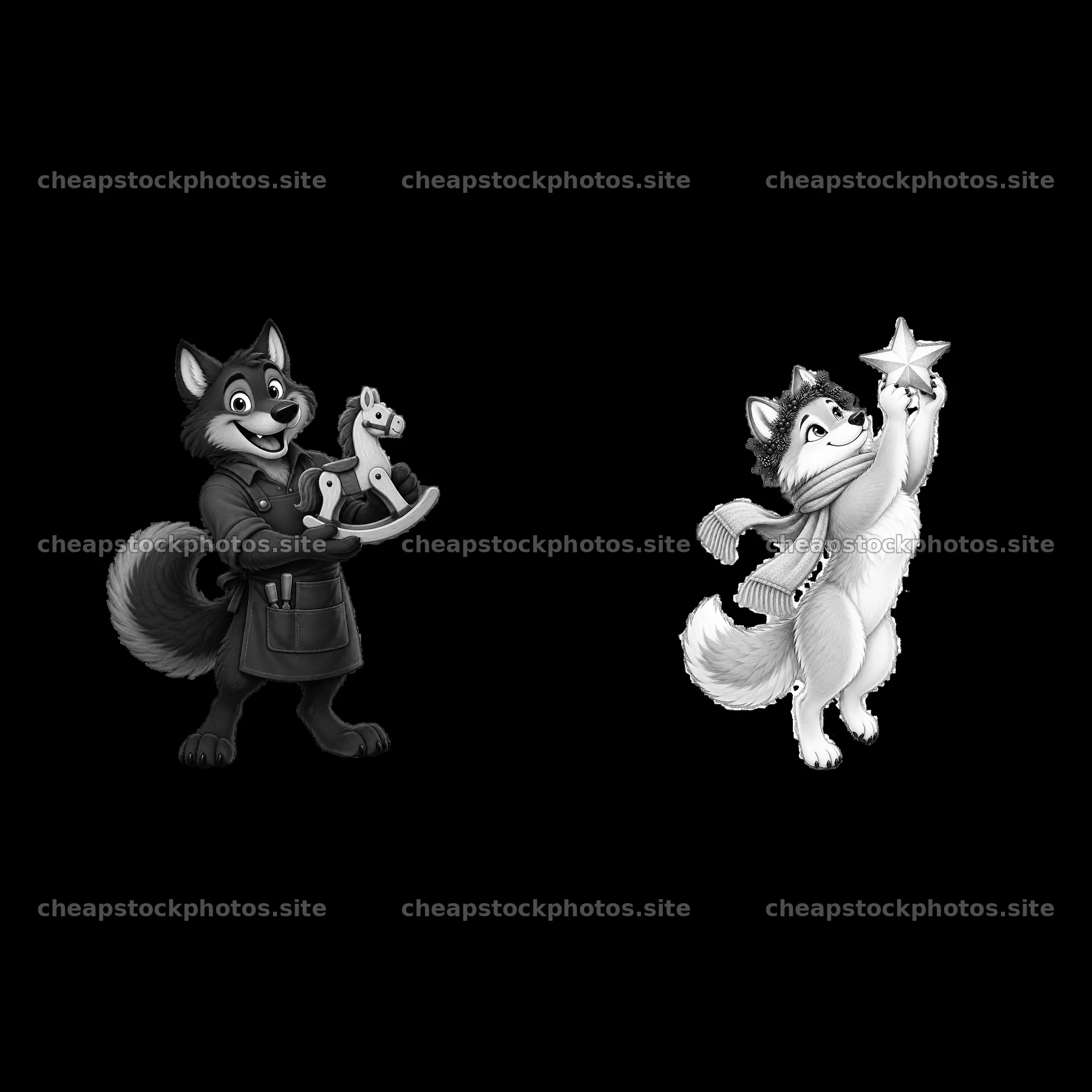 Christmas wolf holding toys and wolf with a star – stock photos 7746x7746