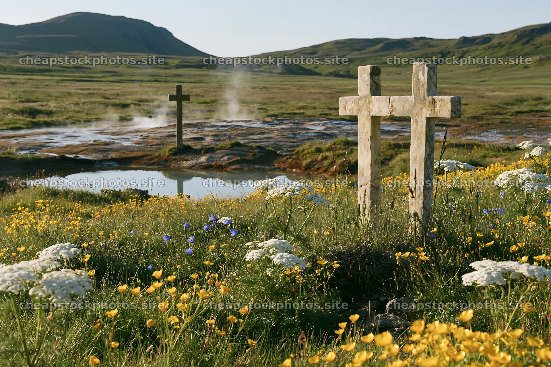Two Christian crosses near thermal spring meadow in nature – stock photos 9722x6480