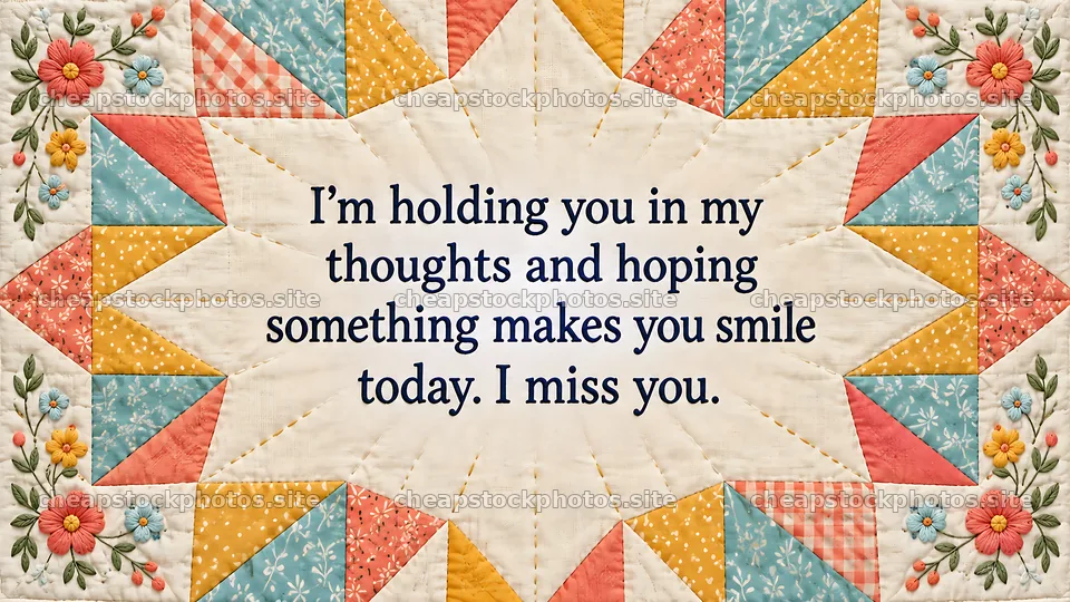 Quilted I Miss You Greeting with Floral Patchwork – stock photos 10324x5812