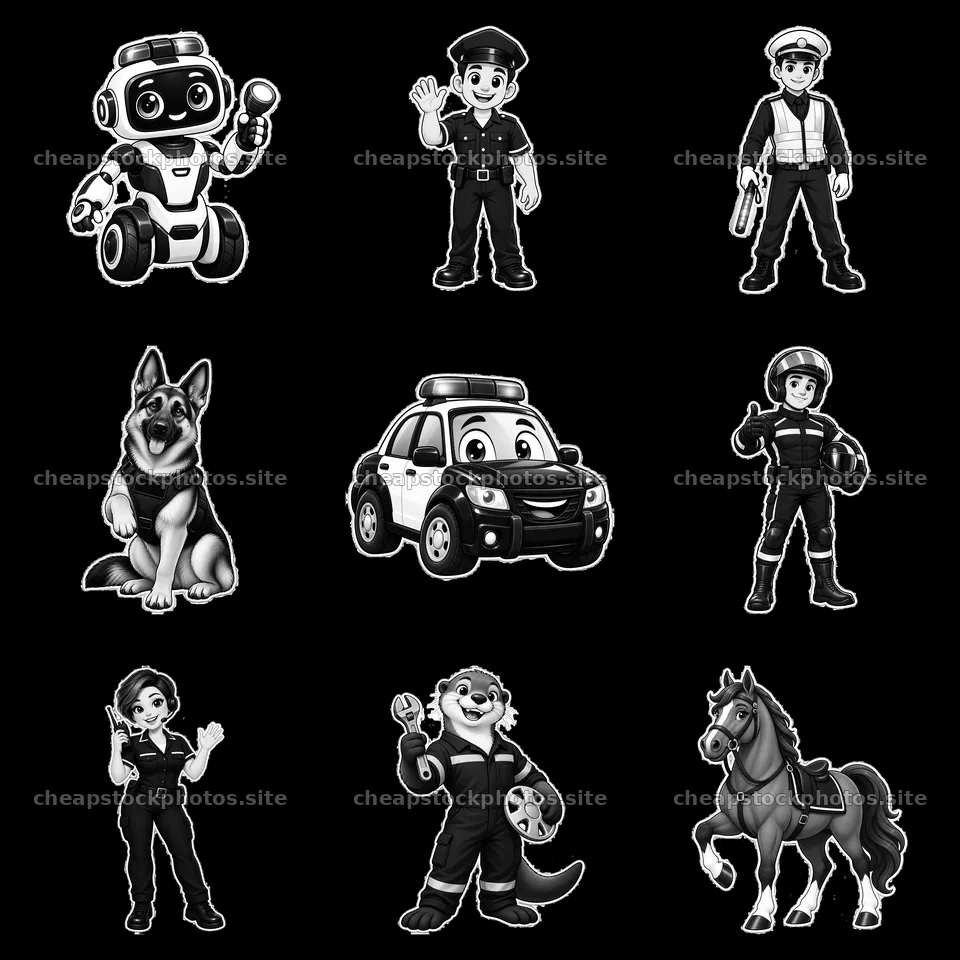 Police-themed cartoon sticker collection with diverse characters – stock photos 7746x7746