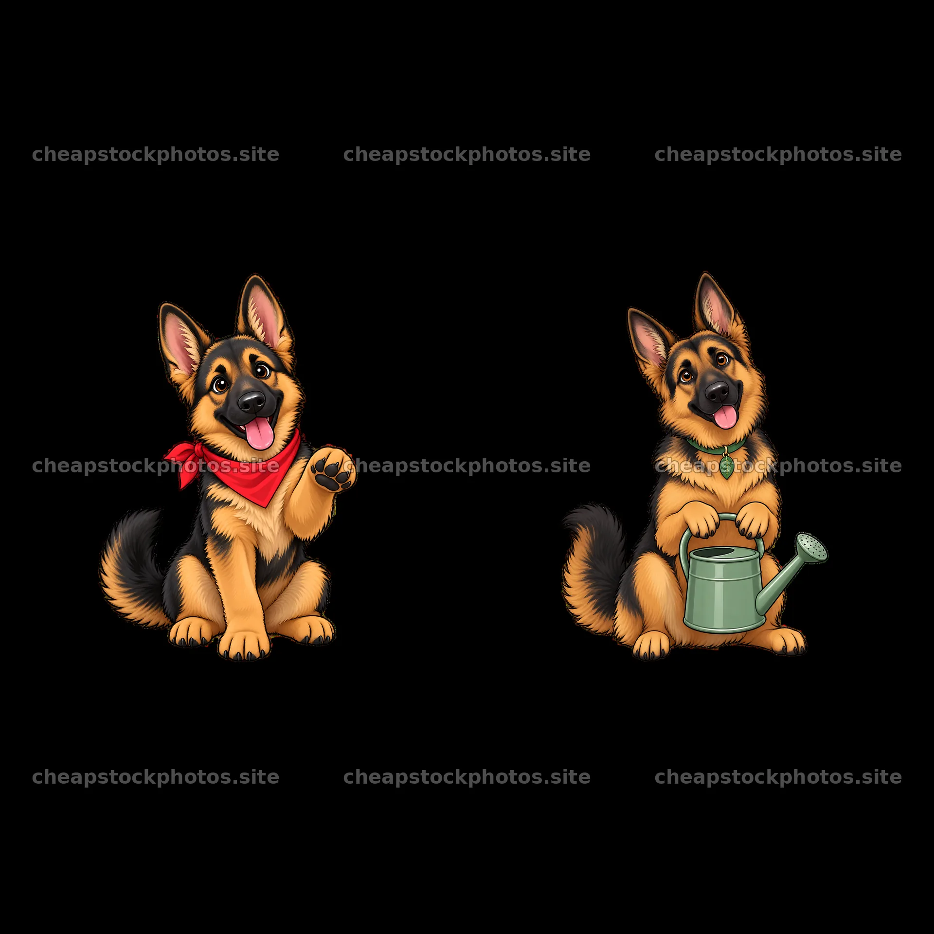 German Shepherd dogs with a red bandana and watering can – stock photos 7746x7746