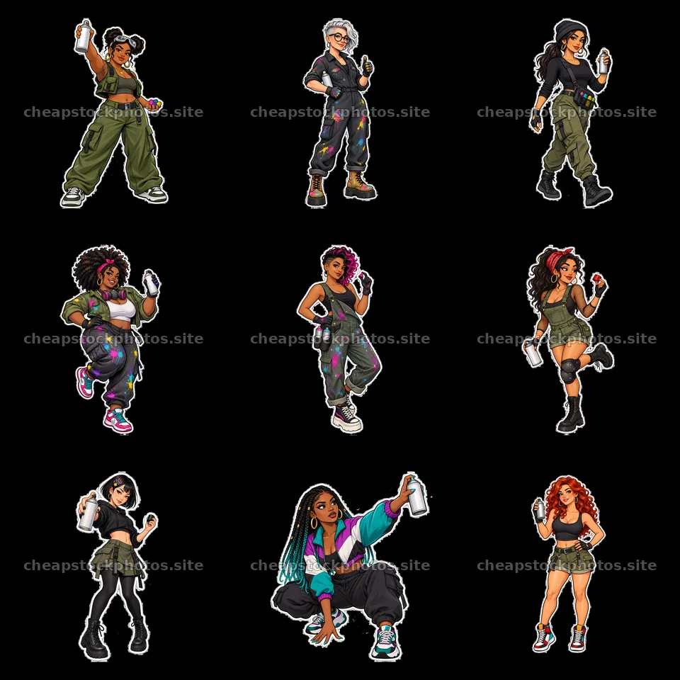 Cartoon stickers of women graffiti sprayers in urban clothing – stock photos 7746x7746