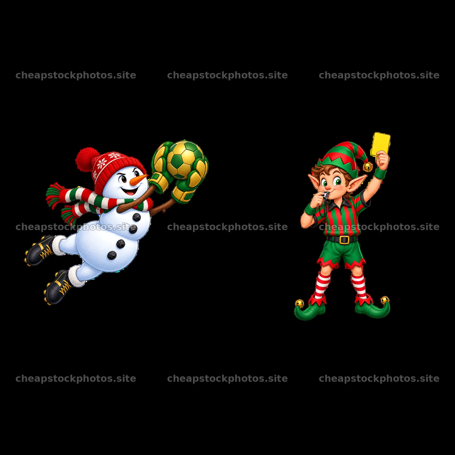 Snowman goalkeeper and elf referee in Christmas soccer match – stock photos 7746x7746