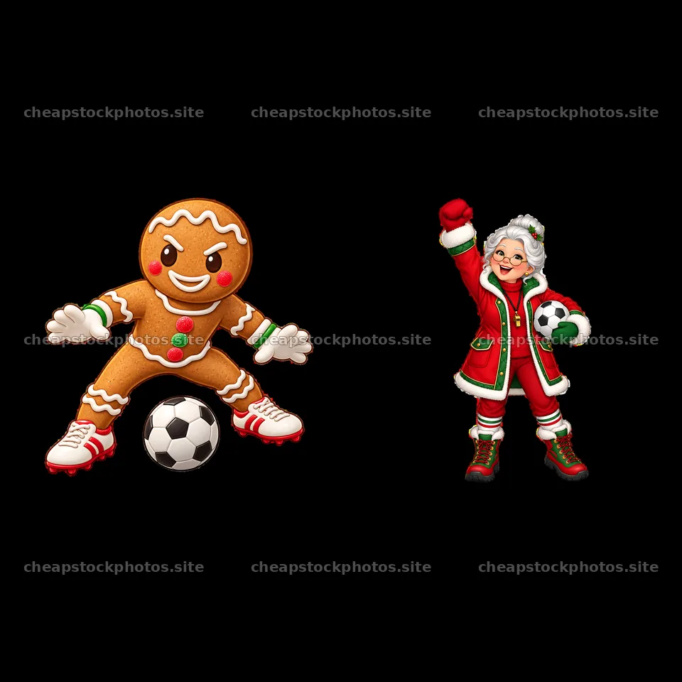 Santa in red and gingerbread man playing soccer with a ball – stock photos 7746x7746