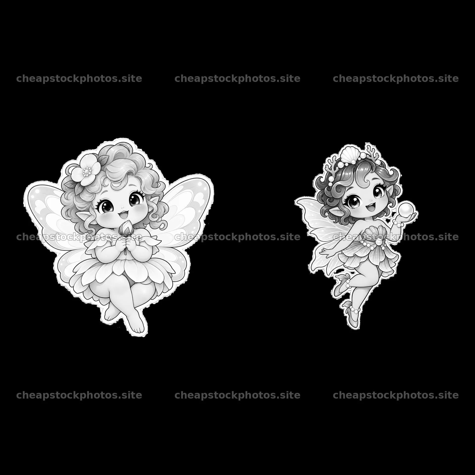 Kawaii chubby fairies holding flowers and wands in black and white – stock photos 7746x7746
