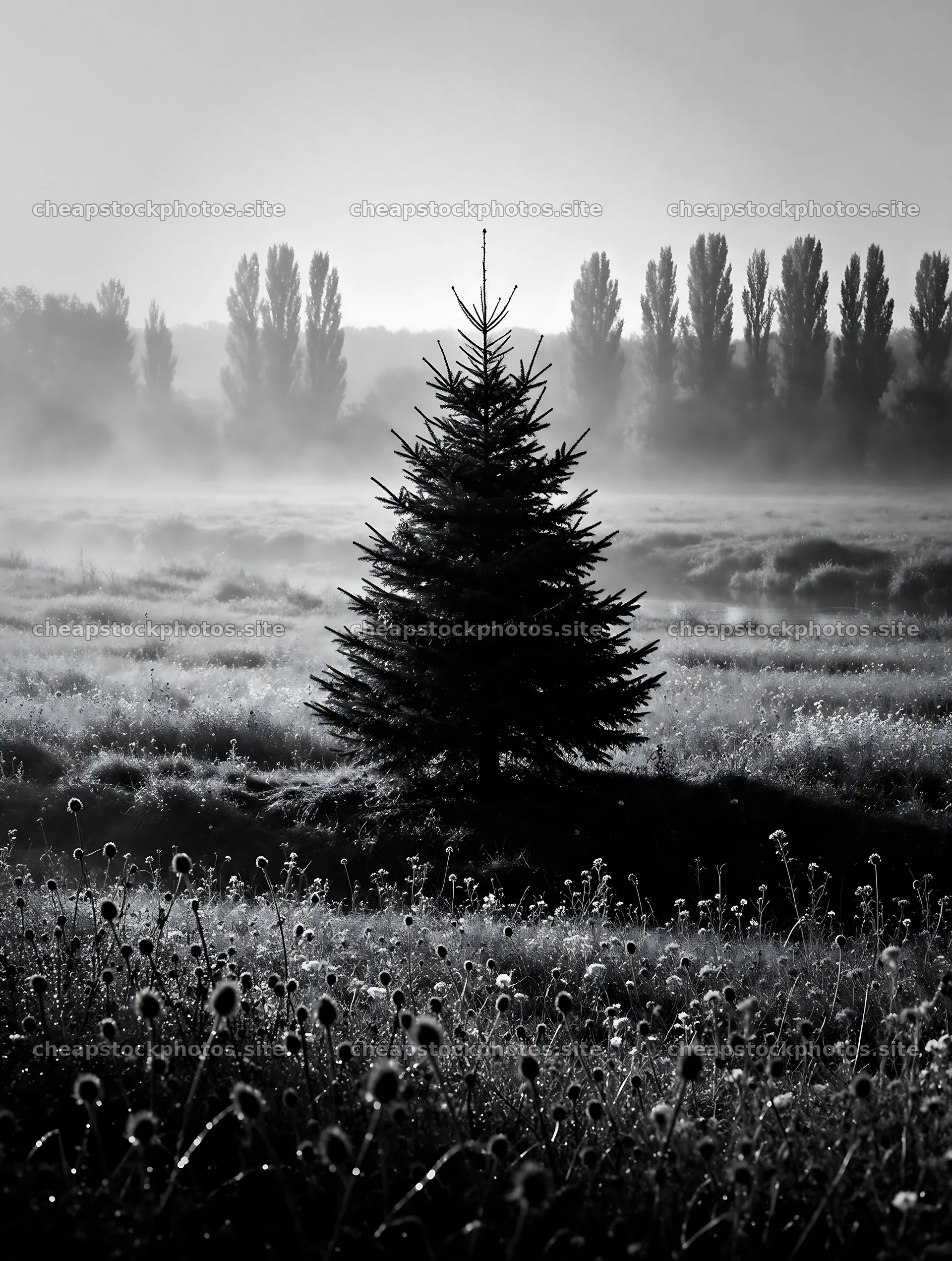 Vibrant Christmas tree in misty meadow with trees in background – stock photos 6898x9134