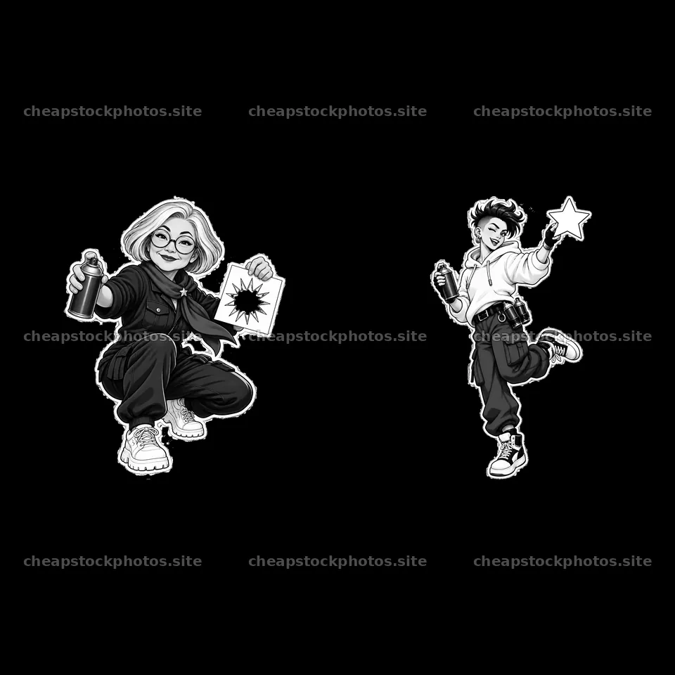 Cartoon graffiti sprayers showcasing patriotic artwork – stock photos 7746x7746