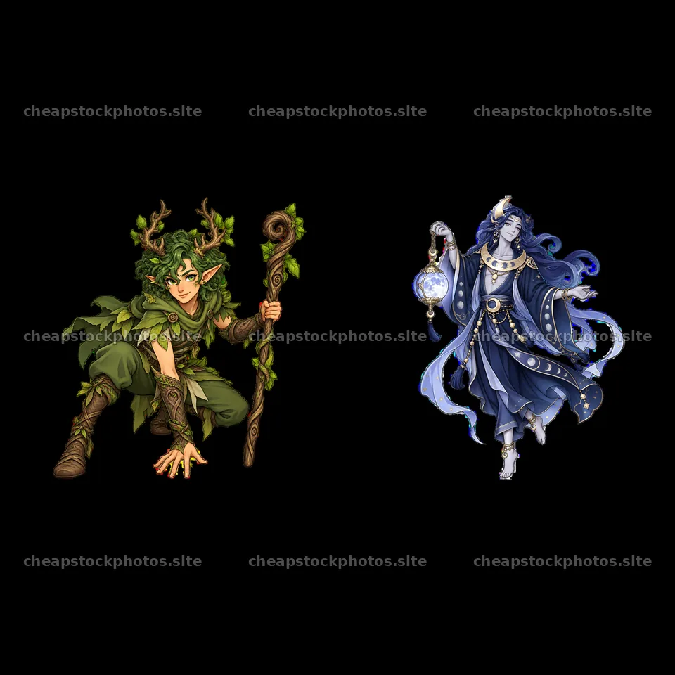 Pagan gods illustration featuring nature deity and lunar goddess – stock photos 7746x7746