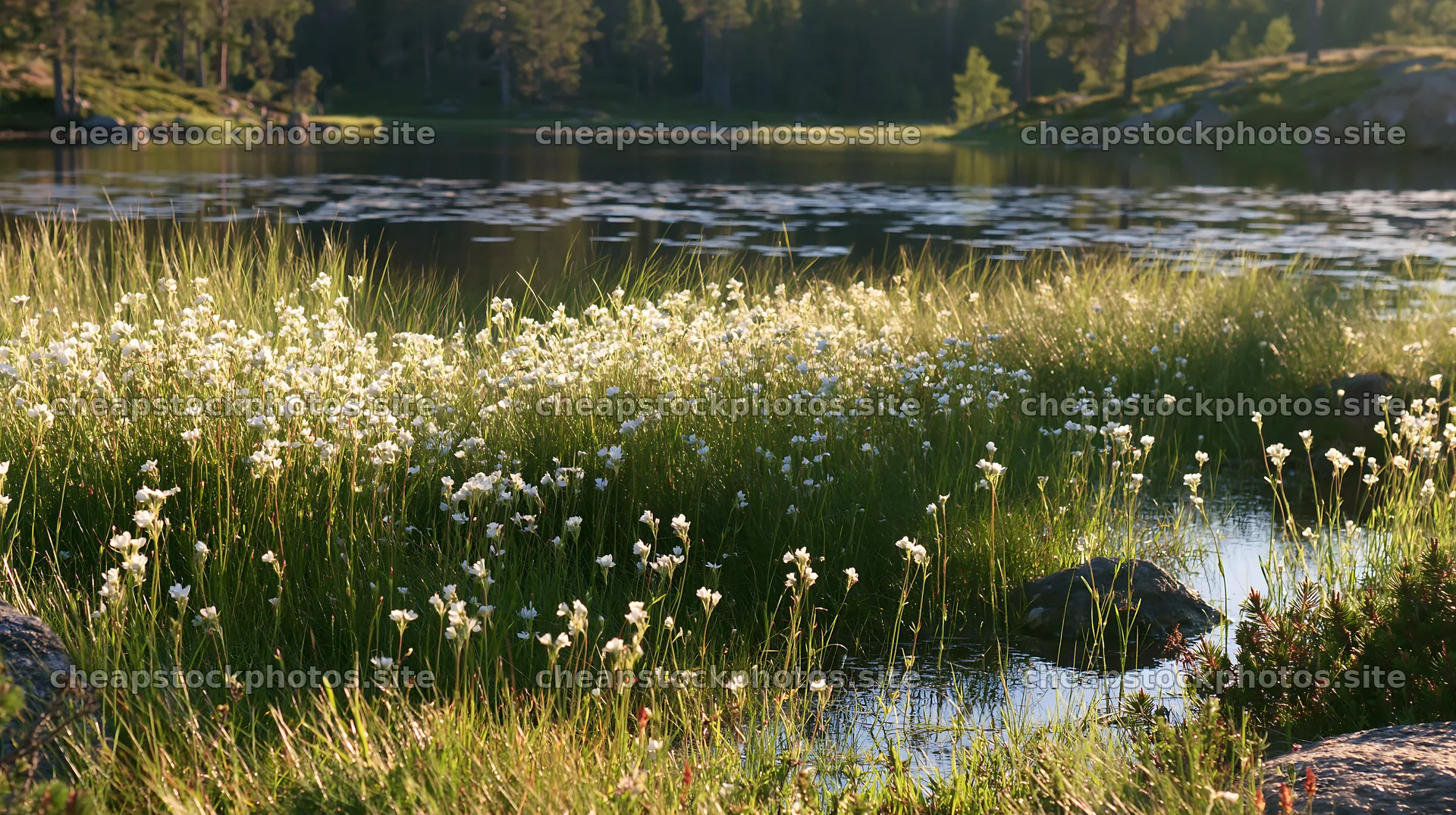 Sunlit lakeside meadow with flowers and water reflections – stock photos 10608x5938