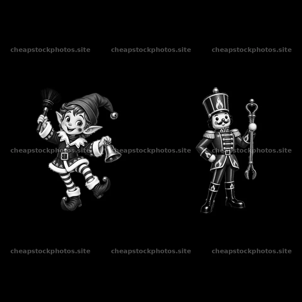 Cartoon Christmas elf with bell and nutcracker toy soldier – stock photos 7746x7746