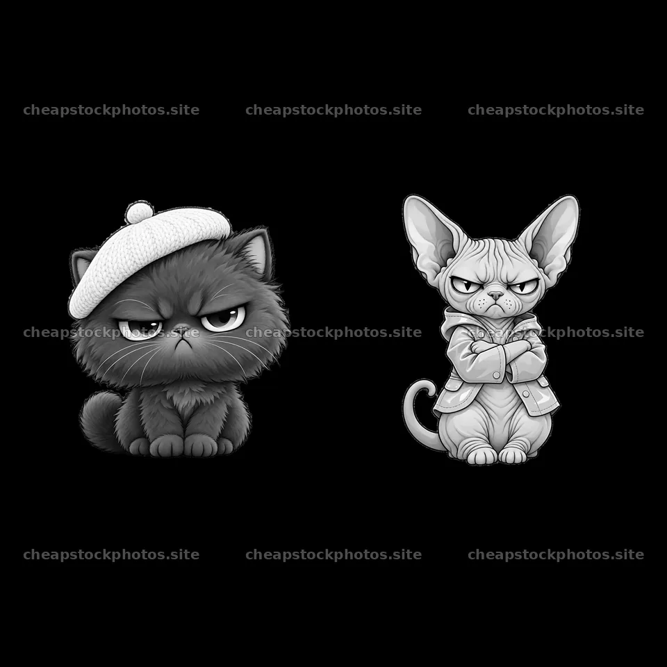 Kawaii grumpy cat sticker pair with beret and sweater – stock photos 7746x7746