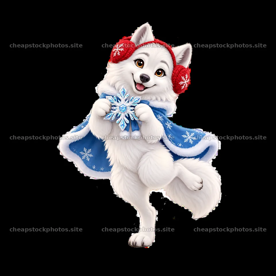Happy festive wolf holding a snowflake wearing earmuffs – stock photos 7746x7746