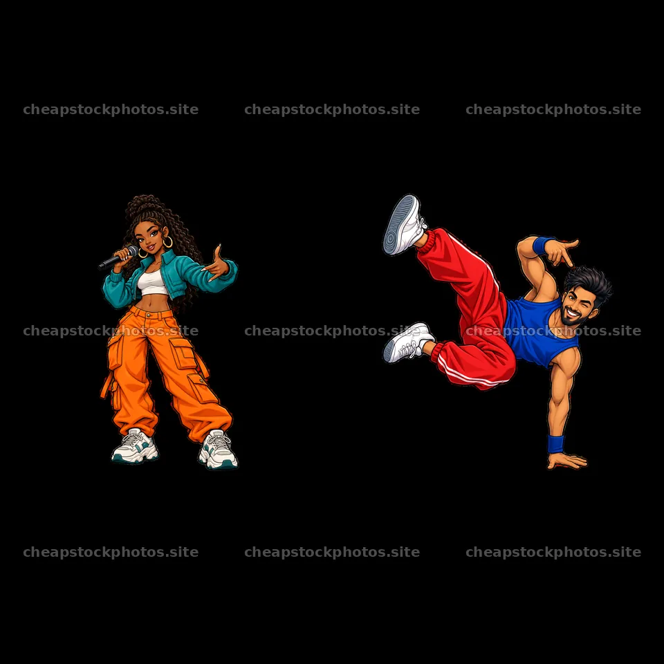 Hip-hop artists performing in vibrant outfits, dynamic actions – stock photos 7746x7746