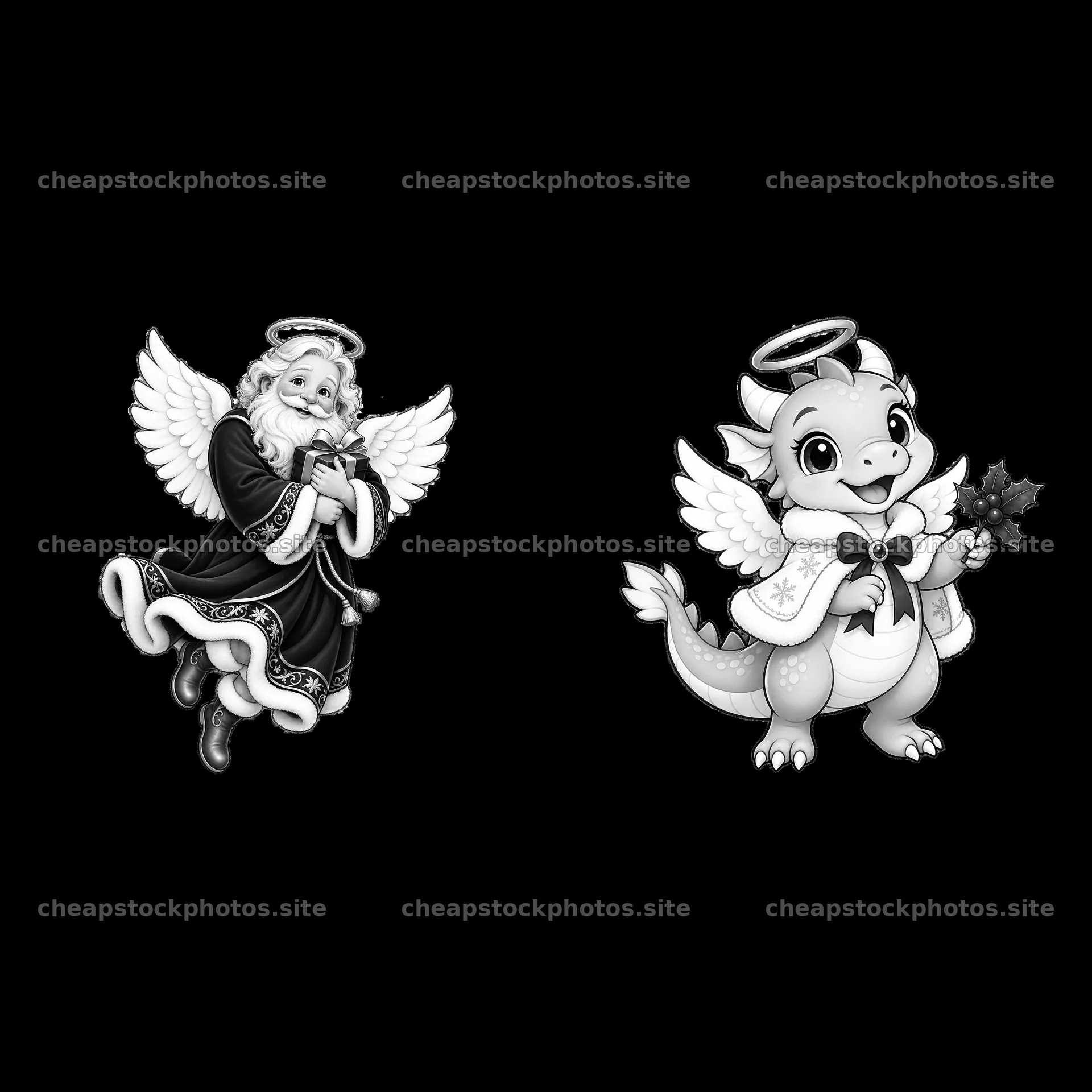 Christmas angel with a dragon in black and white illustration – stock photos 7746x7746
