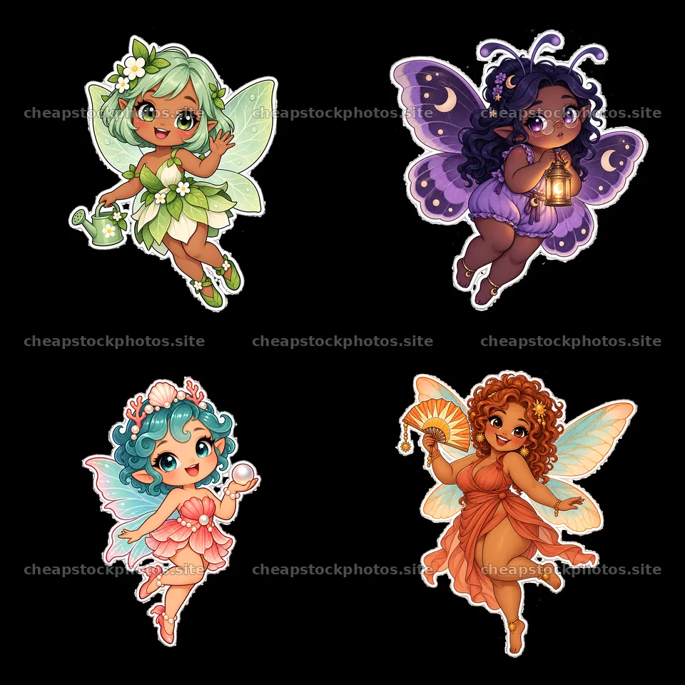 Kawaii chubby fairies with accessories in a 2x2 layout – stock photos 7746x7746