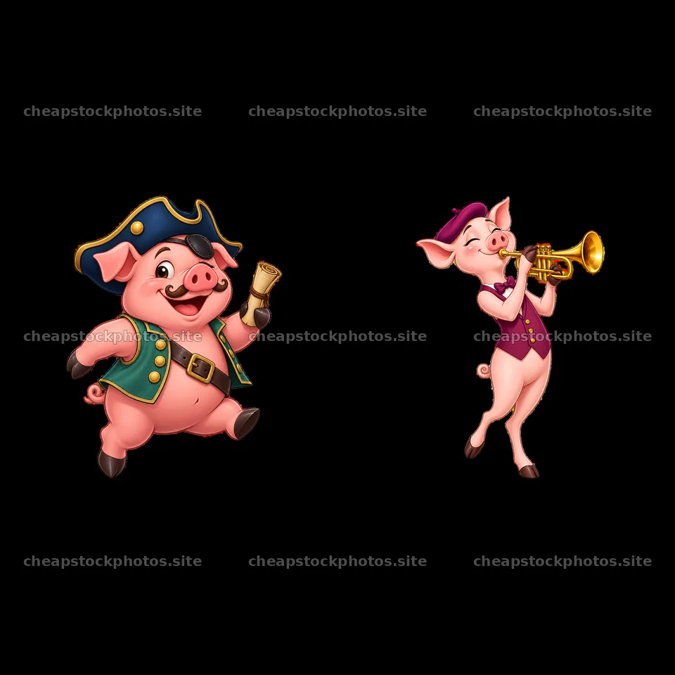 Dancing pig with trumpet and another pig ringing a bell – stock photos 7746x7746