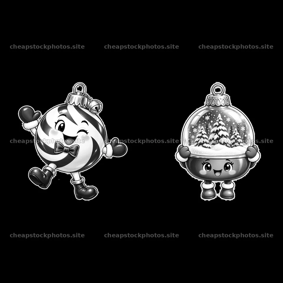 Cartoon Christmas ornaments with happy characters in black and white – stock photos 7746x7746