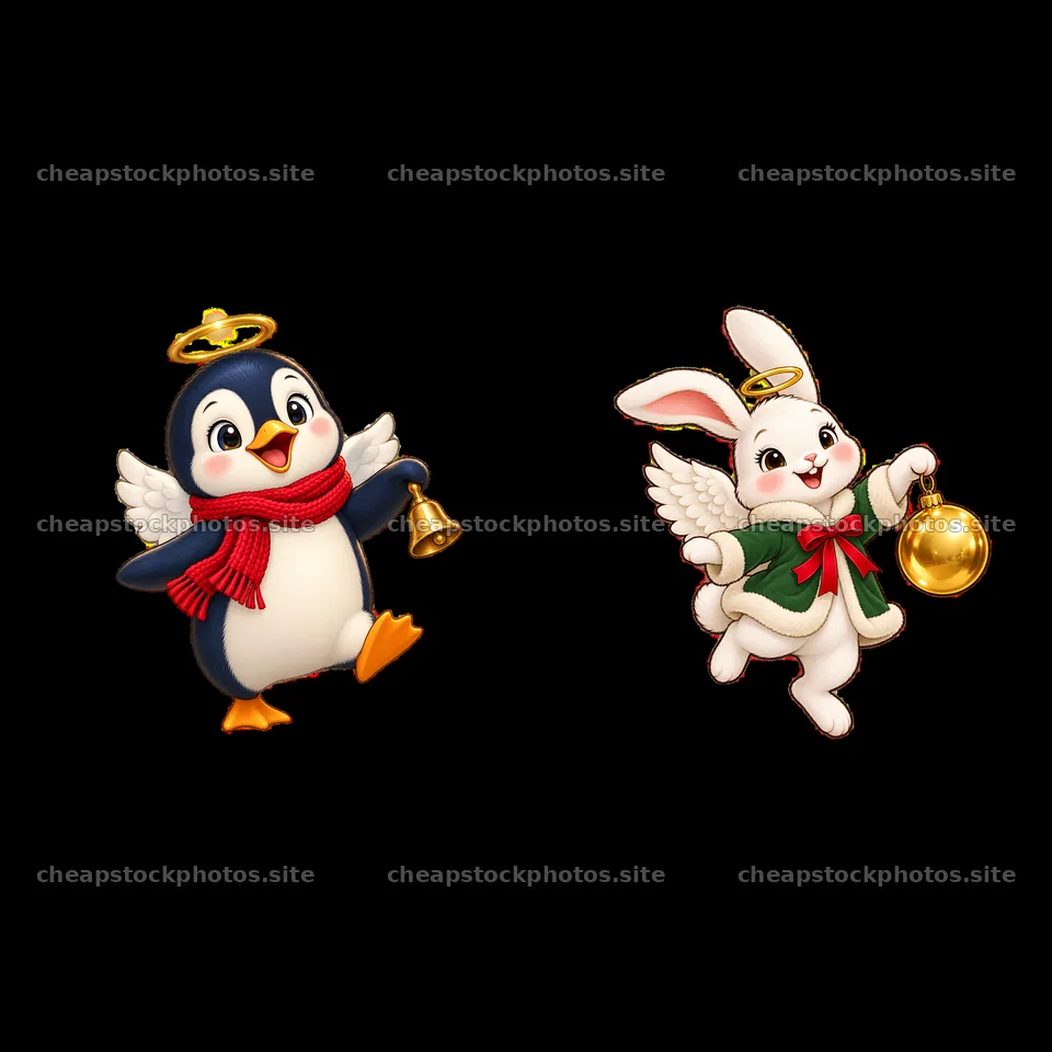 Christmas angel penguin and rabbit holding bells – stock photos 7746x7746