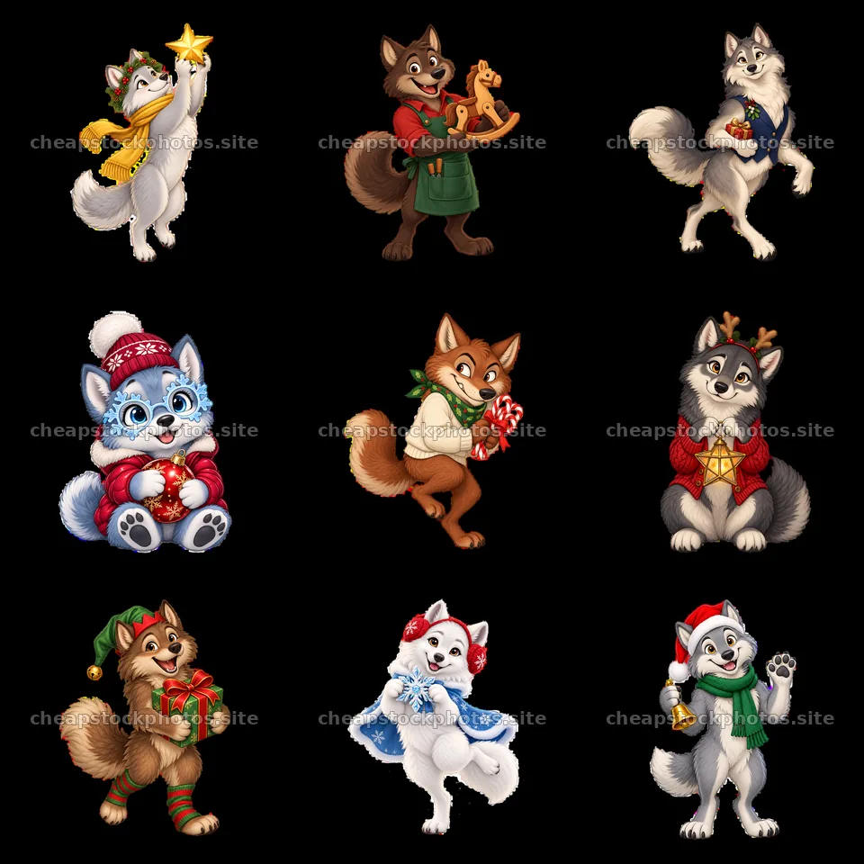 Christmas wolf cartoon characters in nine-grid layout – stock photos 7746x7746