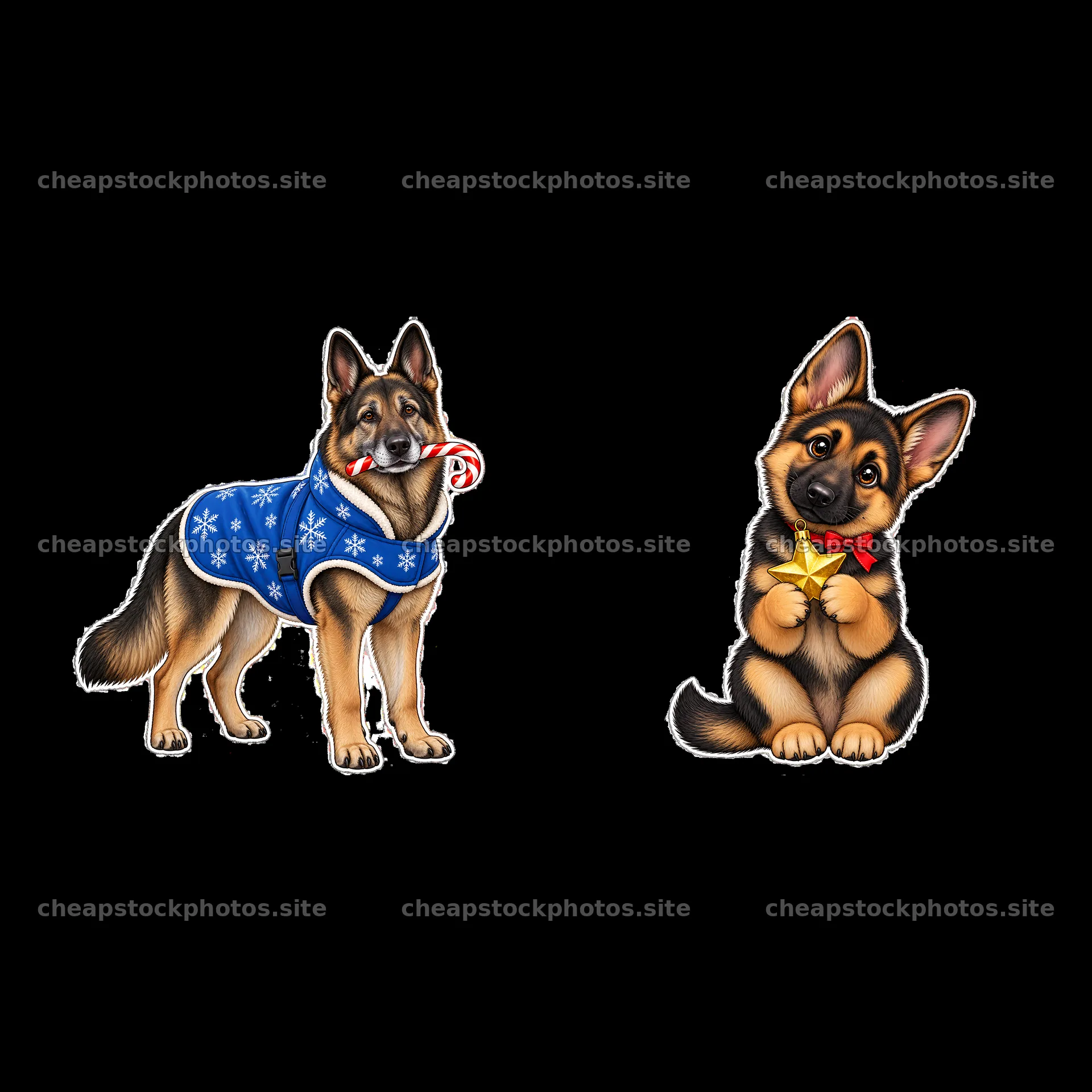 Christmas German Shepherds with treats and festive clothing – stock photos 7746x7746