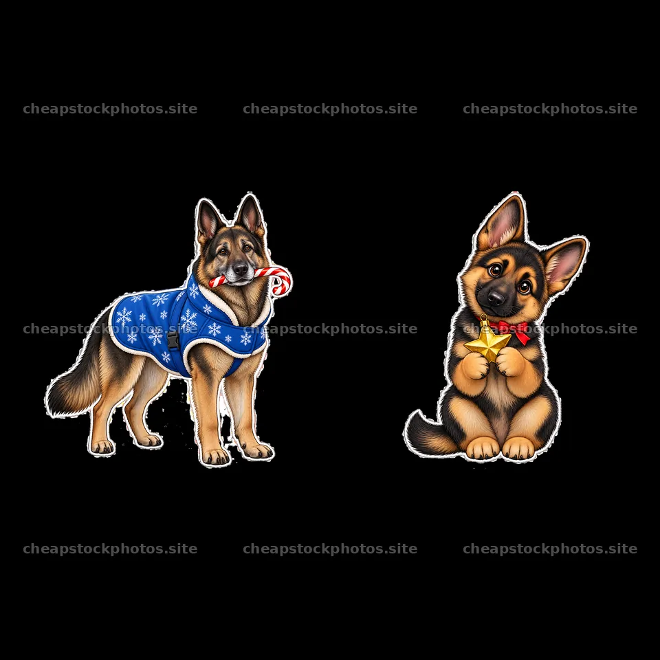 Christmas German Shepherds with treats and festive clothing – stock photos 7746x7746
