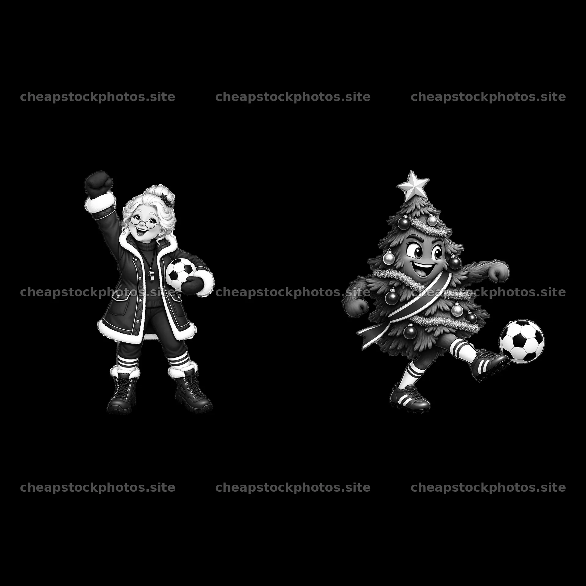 Santa Claus with soccer ball and Christmas tree character kicking – stock photos 7746x7746