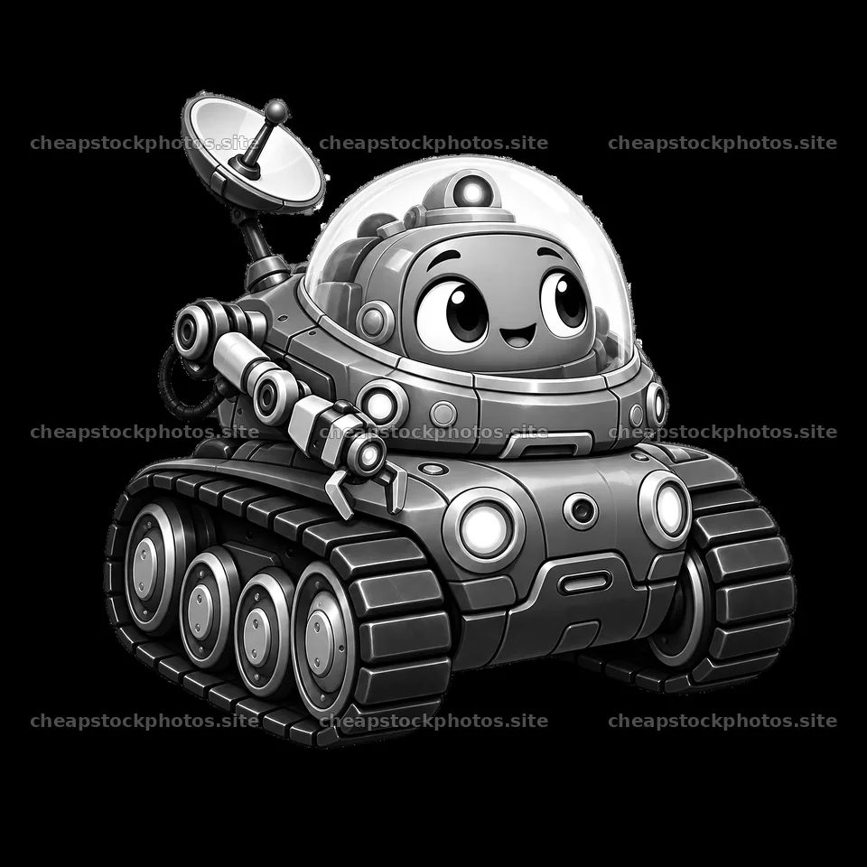 Cartoon tank character with happy expression and antenna – stock photos 7746x7746