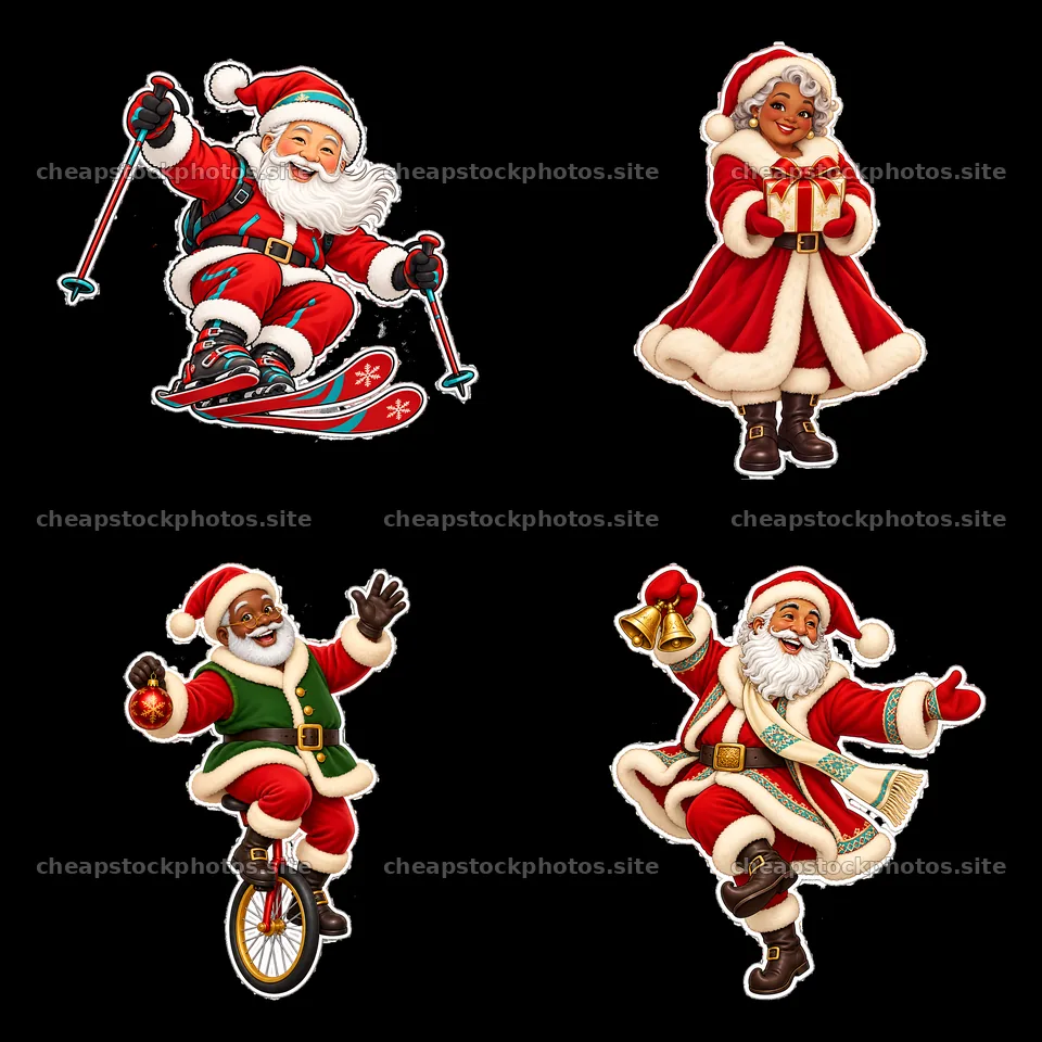 Santa Claus figures engaged in winter activities and celebrations – stock photos 7746x7746