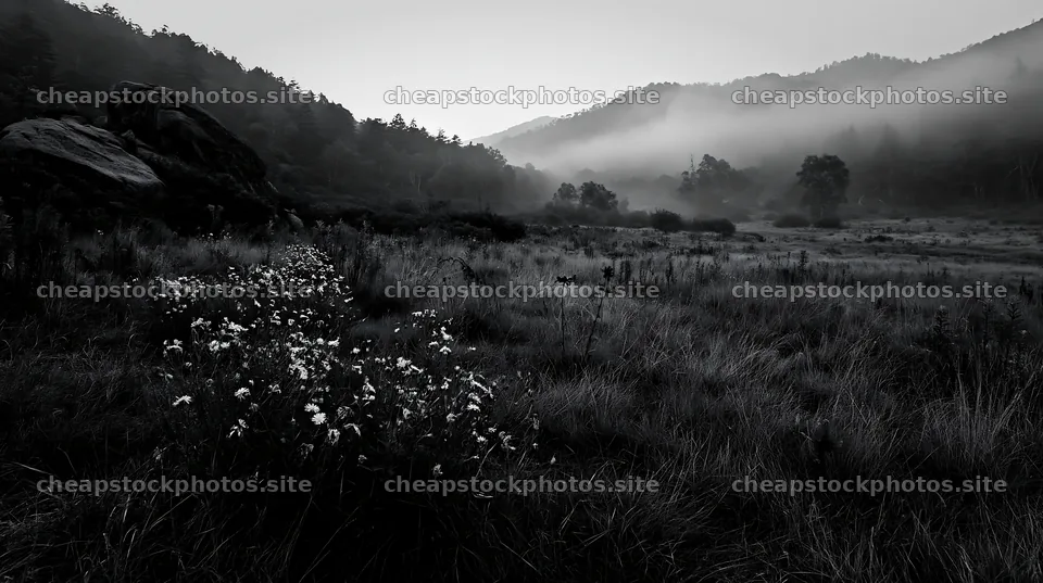 Nagano drought resilient meadow granite boulder in fog – stock photos 10608x5938